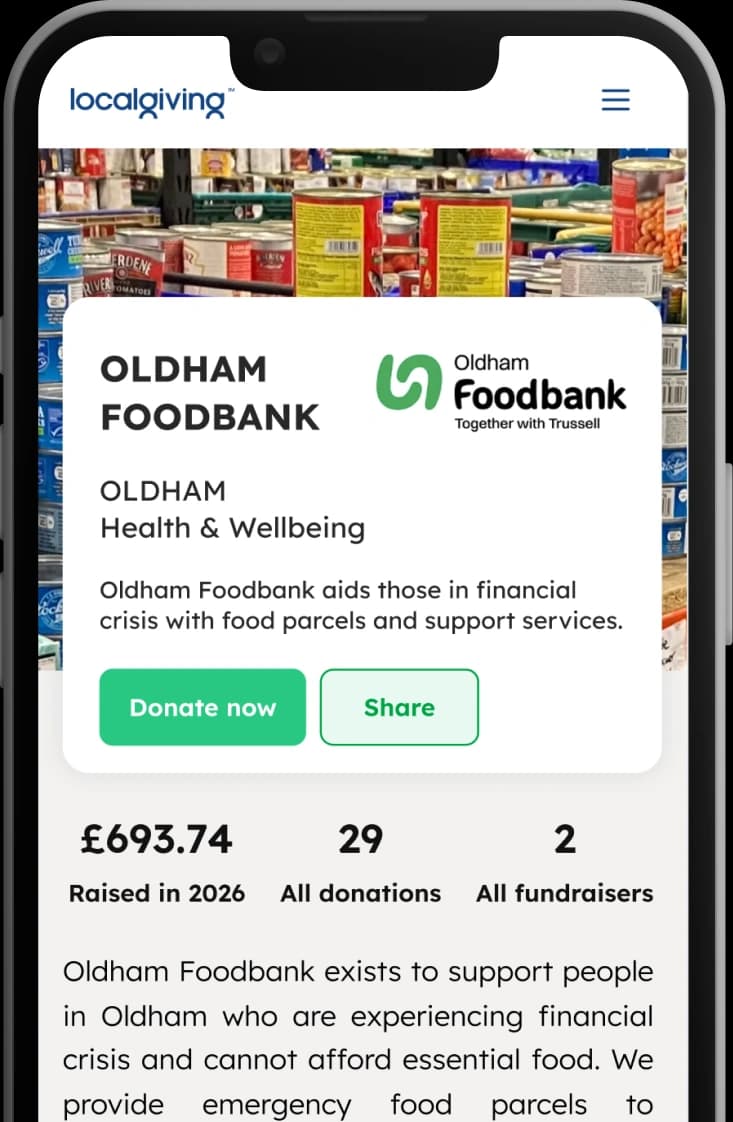 Localgiving fundraising page for Oldham Foodbank shown on a phone